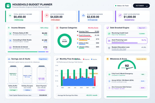 Household Budget Planner Dashboard with Income, Savings, and Debt Tracking
