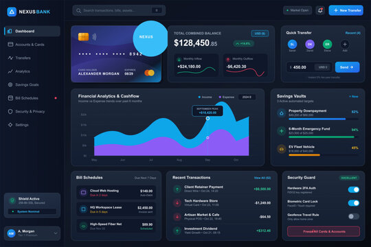Dark mode banking dashboard with financial analytics and transfers