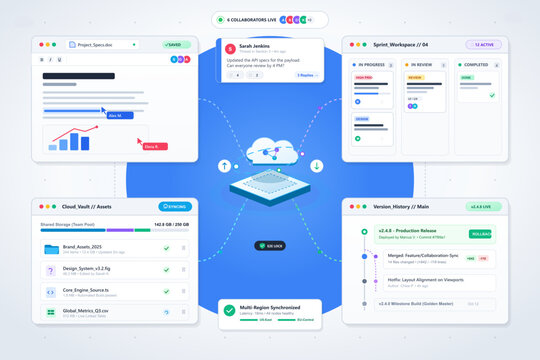 Vector collaboration dashboard with cloud storage and project workflow