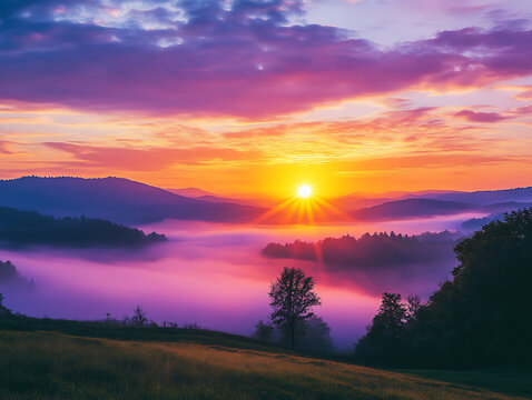 Majestic sunrise over misty mountains and rolling green hills.