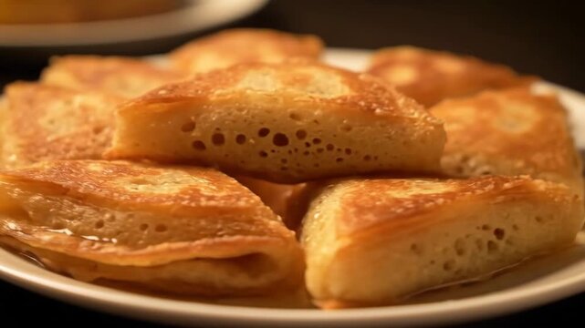 Close-up view of golden folded pancakes (rolled crepes) drizzled with sweet honey, served on a white plate against a dramatic dark background for dessert or brunch.