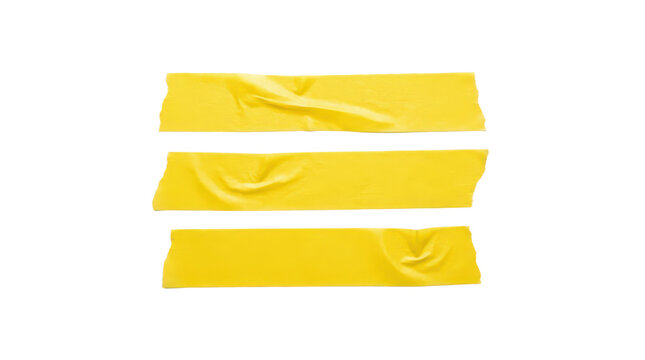 Three strips of wrinkled yellow masking tape isolated on transparent background