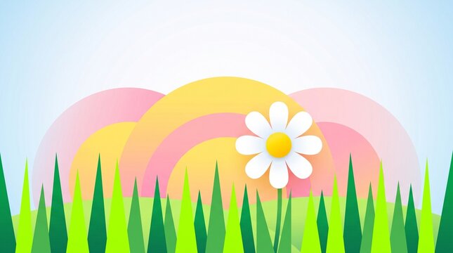 Minimalist vector illustration of a white daisy flower blooming in green grass against colorful pastel hills for spring banners.
