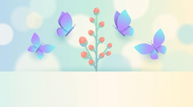 Beautiful 3D paper cut style illustration featuring pastel butterflies and spring flower buds with empty copy space for greetings.