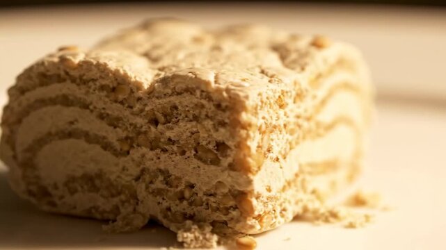 Close-up Macro Shot of Traditional Halva Dessert Block Made from Tahini and Nuts, Featuring a Crumbly and Delicious Textured Swirl Pattern