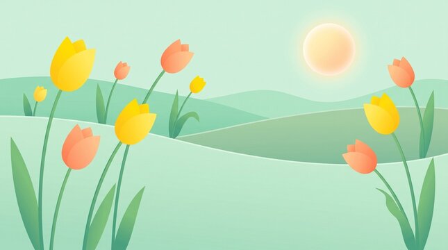 Minimalist spring landscape featuring blooming tulips on rolling green hills under a bright sun, suitable for seasonal card design.
