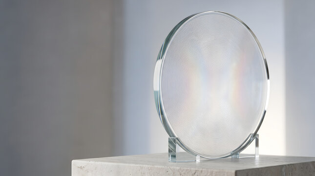Circular glass disc featuring optical diffraction pattern and interference
