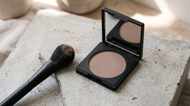Close-up of makeup brush applying soft pink blush to compact on marble surface for beauty routine