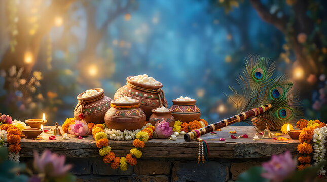 Decorated traditional butter pots with colorful garlands and flute