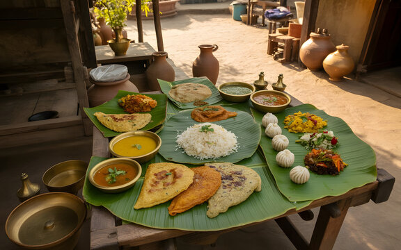 Traditional Chhattisgarhi Thali on Banana Leaf with Chila, Fara, Steamed Rice, Dal, Tribal Vegetable Curries and Chutneys in Rural Setting