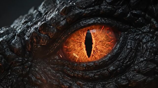 Terrifying 4K Slow Motion of a Glowing Fiery Demon Eye Blinking in Close-up with Dark Scaly Reptilian Skin for Halloween Horror and Fantasy Visuals
