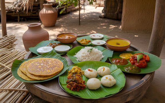 Traditional Chhattisgarhi Thali on Banana Leaf with Chila, Fara, Steamed Rice, Dal, Tribal Vegetable Curries and Chutneys in Rural Setting