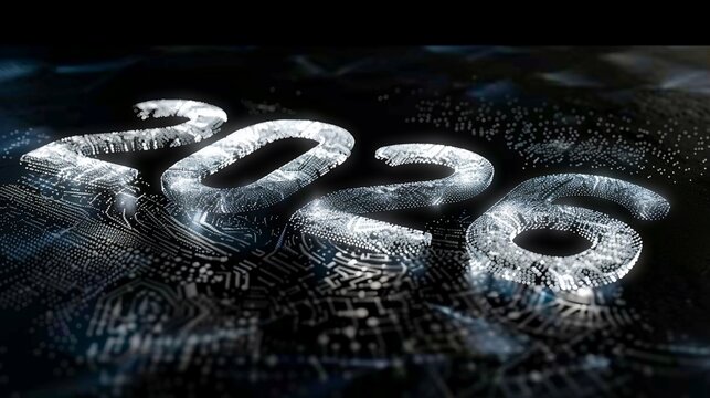 Icy, glowing "2026" digits with circuit board background, suggestive of future tech