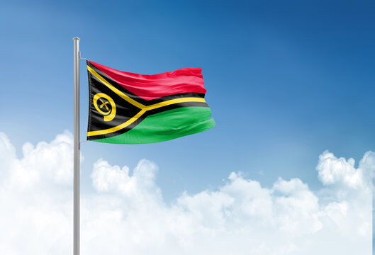 Vanuatu flag waving in beautiful sky.