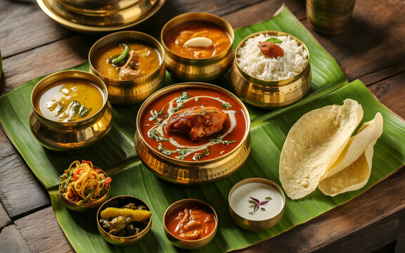 Authentic Andhra Pradesh Chicken Thali on Banana Leaf with Spicy Chicken Curry, Gongura Pachadi, Pappu Dal, Rice, Papadum, Pickle and Curd