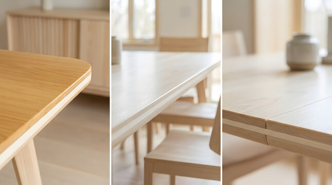 Modern light wood dining room furniture featuring subtle inlay details