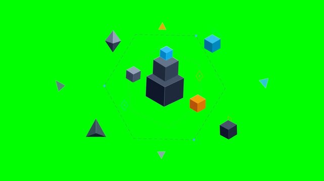 3D Isometric Geometric Shapes Floating on Green Screen Animation