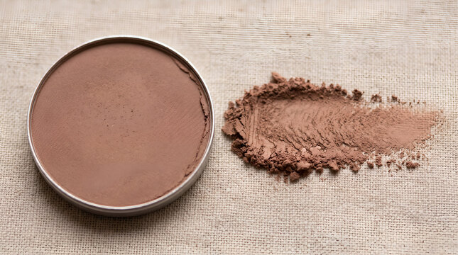 Brown bronzer powder compact with a makeup swatch on a textured beige linen background