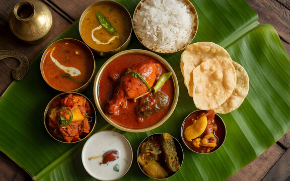Authentic Andhra Pradesh Chicken Thali on Banana Leaf with Spicy Chicken Curry, Gongura Pachadi, Pappu Dal, Rice, Papadum, Pickle and Curd
