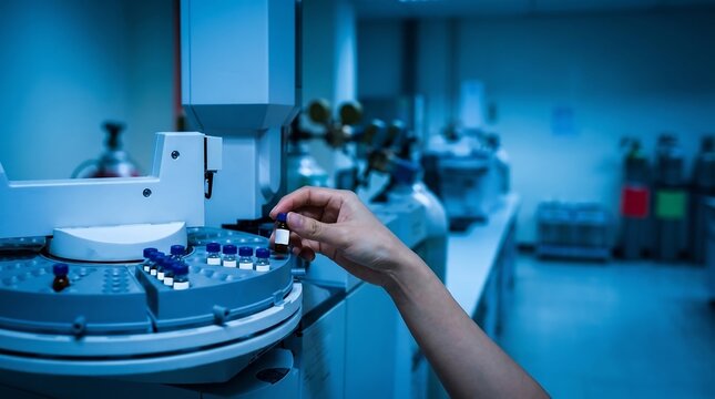 Researcher placing sample vial in laboratory spectrophotometer