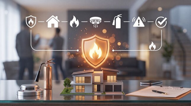 Residential fire protection insurance concept featuring miniature house model with glowing safety icons