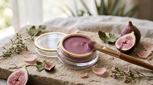 Organic fig scented cream blush in glass jar with makeup brush on stone surface