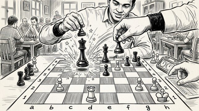 Dynamic Black and White Chess Masterpiece Showcasing Intense Chess Game with Players Boards and Strategic Moves
