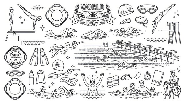Dynamic Black and White Line Art Celebrating World Swimming Day with Diverse Swimming Scenes and Accessories