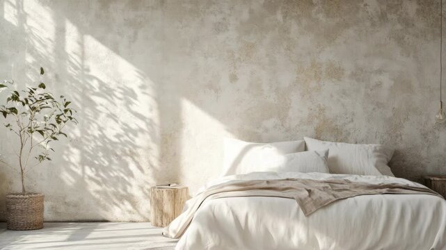 Modern bedroom decor featuring a comfortable bed with white sheets in a space filled with natural sunlight streaming through large windows.