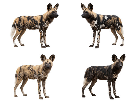 African Wild Dogs in a Grid Layout, Showcasing Their Unique Spotted Patterns and Attentive Poses Against a Clean White Background.