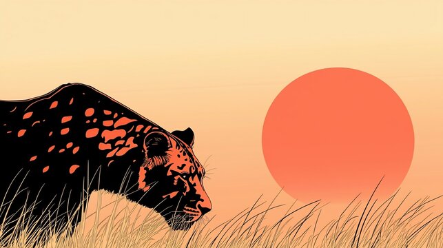 Leopard silhouette at sunset in savanna grass.