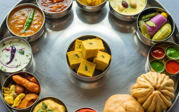 Traditional Gujarati Thali with Dhokla, Kadhi, Dal, Thepla, Puri, Undhiyu, Farsan, Shrikhand and Pickles on Steel Plate