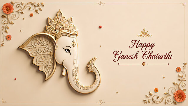Ornate Ganesh Chaturthi greeting with elegant Ganesha illustration on cream background