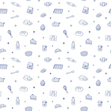 Baking Food and Ingredients Seamless Pattern in Hand Drawn Doodle Style with Bread, Pastry, Cupcake, Flour, Milk, Eggs, Butter and Baking Tools