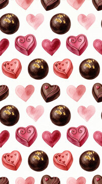 Valentine 206 Watercolor Seamless Pattern of Decorated Heart Chocolates, Truffles with Gold Leaf and Pink Hearts on White Background（白背景に描かれた模様入りハート型チョコレート、金箔付きトリュフ、ピンクのハートの水彩シームレスパターン）