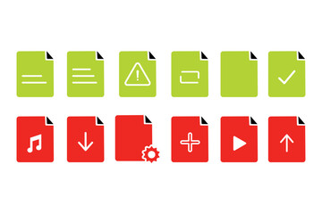 Fototapeta premium Document file format vector icon set, text paper sheet, file warning, upload download file, media audio video document badges, green and red page signs, and mobile app UI design. Isolated web graphic 