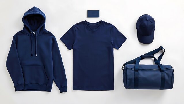 Navy blue clothing set with hoodie t shirt cap and duffle bag arranged on white background