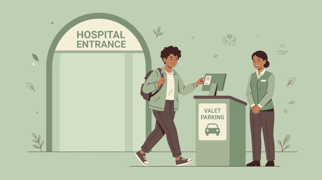 Man uses valet parking at hospital entrance with attendant