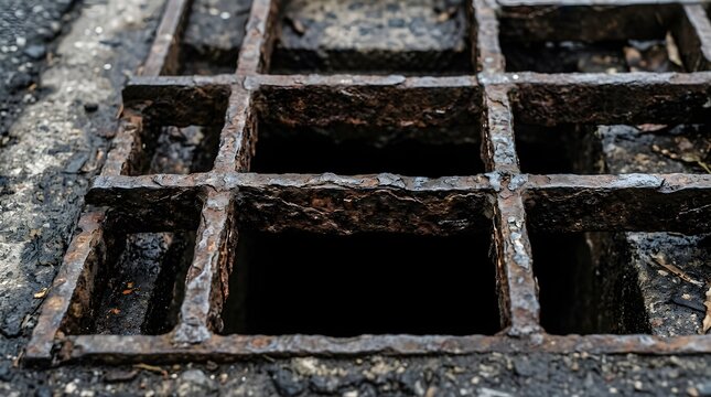 Rusty metal storm drain grate on an asphalt street outdoor closeup