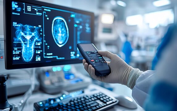 Close-up of a hand in a glove holding a medical device, with a computer screen displaying brain scans in the background.