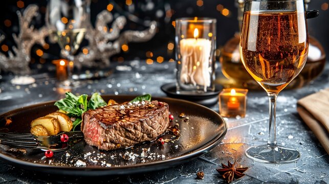 Elegant close-up of steak dinner with wine, candles, and blurred festive background