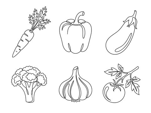 Hand drawn vegetable icon set, one line art carrot pepper eggplant broccoli garlic tomato, isolated