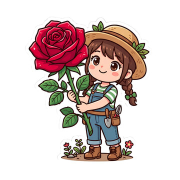 Cute Chibi Girl Farmer Holding Giant Red Rose