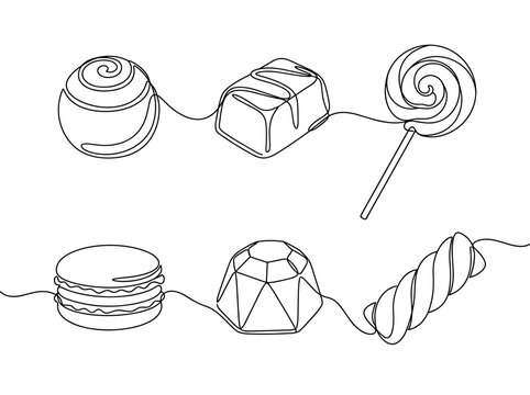Handmade candies and sweets set, minimalist continuous one line art drawing, chocolate truffle macaron
