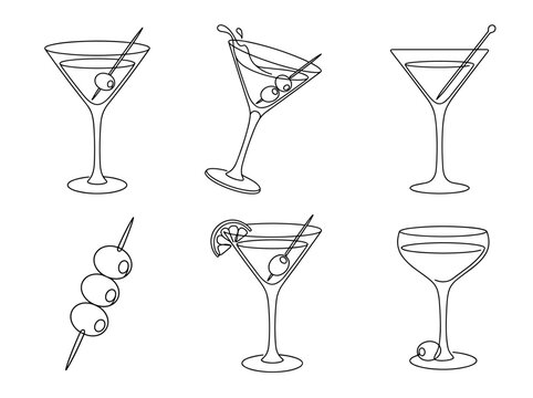 Martini glass sketches with olives, minimalist continuous one line art for beverage menu or labels