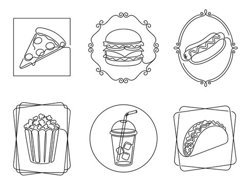 Food line art set featuring pizza, burger, hot dog, popcorn, soda, taco, in decorative frames