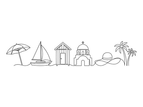 Travel wall art set, beach umbrella, sailboat, cabin and Santorini church, minimalist one line vector