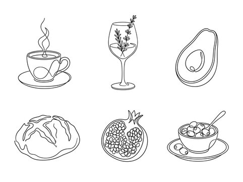 Food and drink boho line art set, minimalist coffee wine bread avocado pomegranate and olives, vector