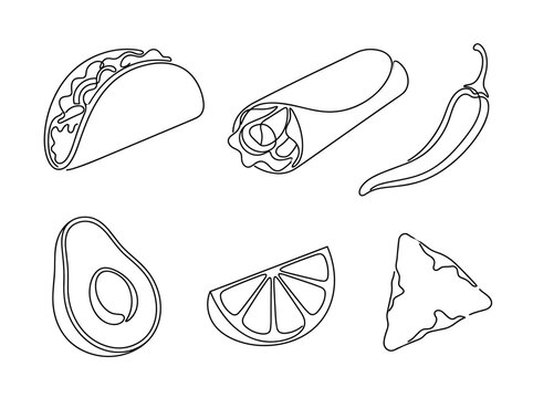 Mexican food line art, taco, burrito, chili pepper, avocado, lime, minimalist continuous line drawing