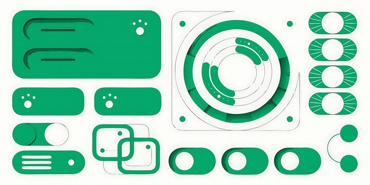 Modern Neumorphism UI Kit Elements with Toggle Switches, Progress Dial, and Green App Interface Buttons